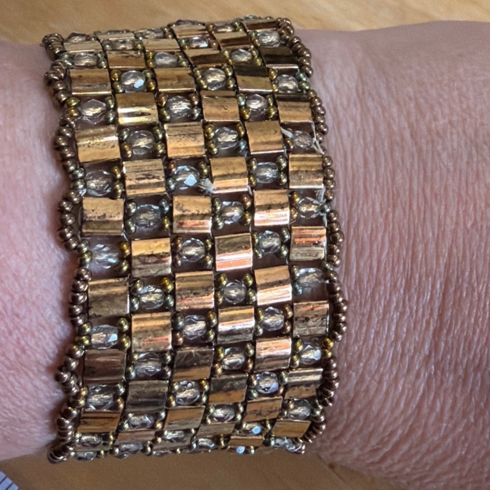 Handmade Gold Tile Beaded Cuff Bracelet Bronze Crystal Statement Slide Clasp